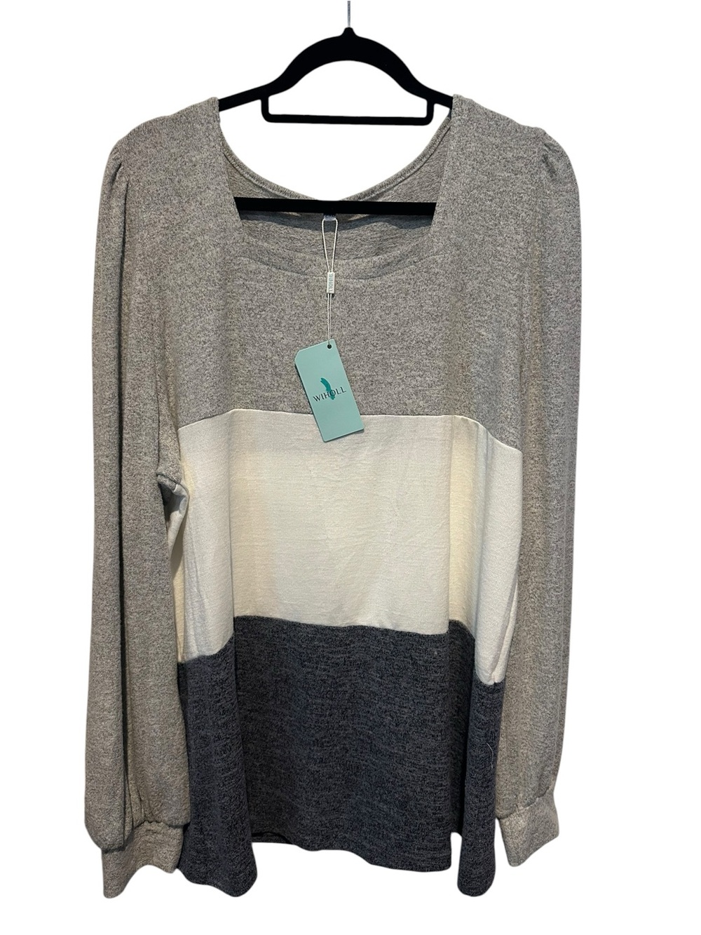 Wiholl Plus Size Colorblock Long Sleeve Pullover in Light Gray, Cream & Charcoal